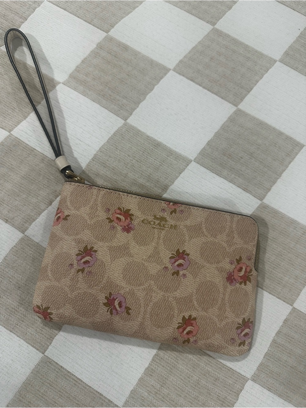 Coach Beige Floral Signature Wristlet with Pink Accents